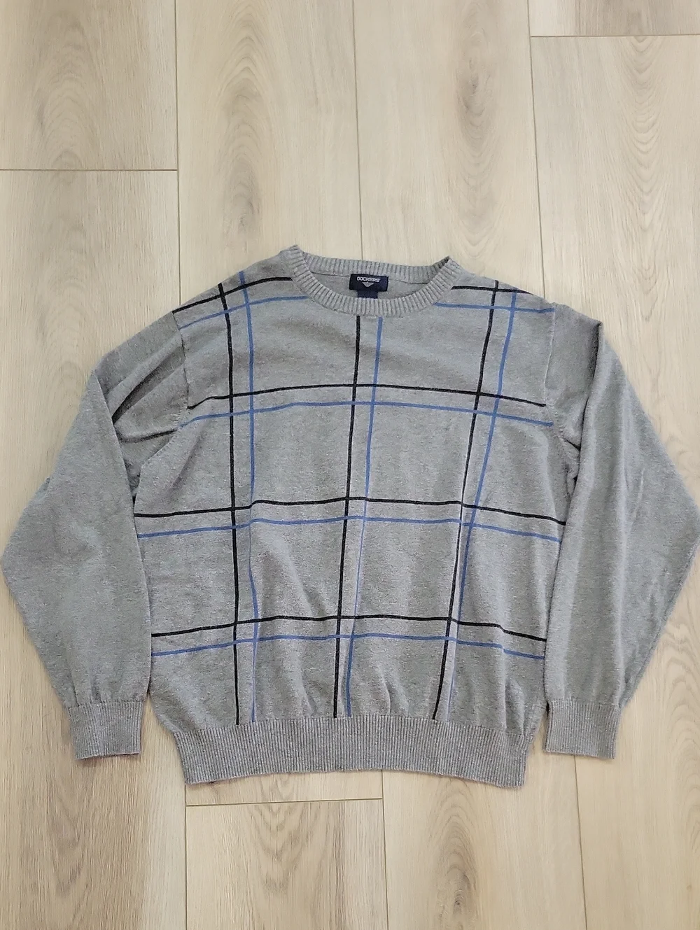 Dockers Gray Crewneck Sweater with Blue and Black Windowpane